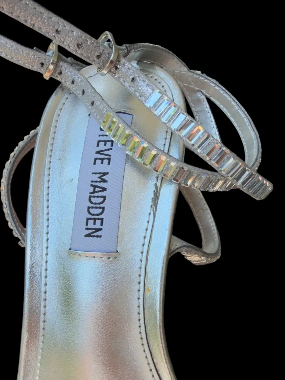Steve Madden Thierry Silver Rhinestone Crystal Strappy Ankle Wrap Stiletto Heels